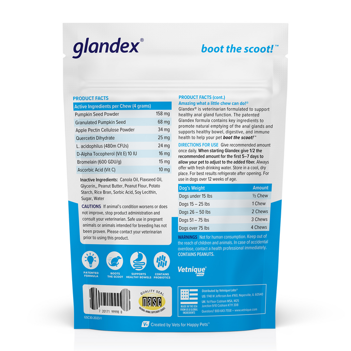 Glandex® Anal Gland Supplement for Dogs with Pumpkin - 30 Count- Peanut Butter Flavored Back of Packaging