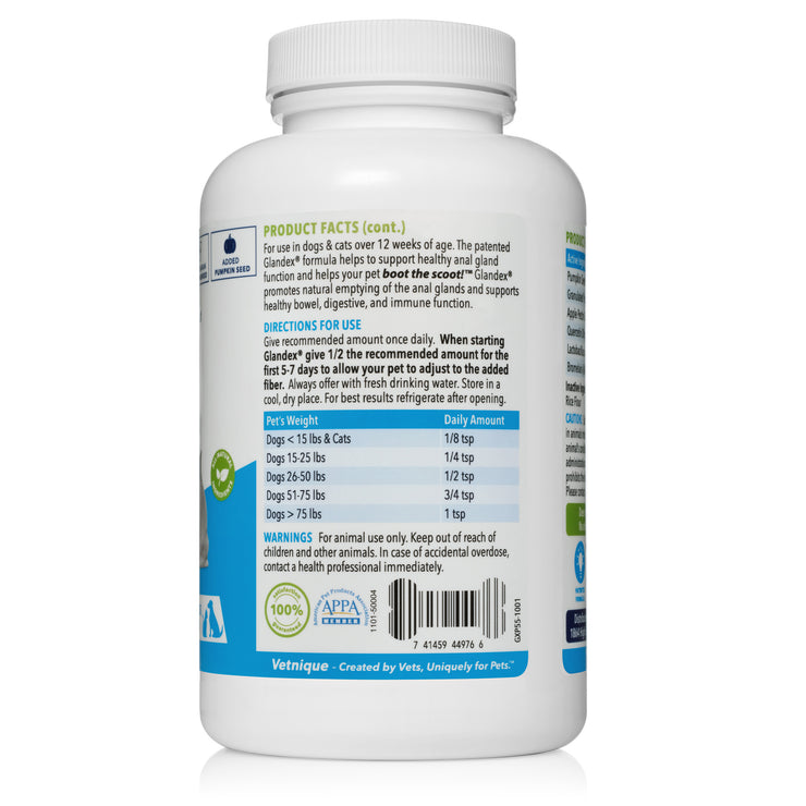 Glandex Supplément de Fibres de anale pour Chien et Chat avec Citrouille,  enzymes digestives et probiotiques - Intestin et Digestion sains - Boot The  Scoot - par Vetnique Lab (70g) : : Animalerie